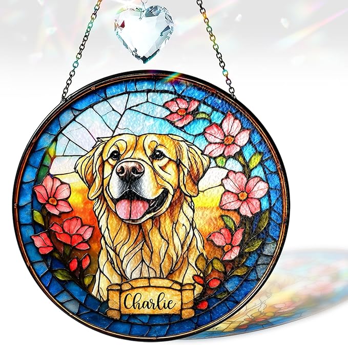 Personalized Pet Portrait Stained Glass Window Hanging, Sympathy Decoration Suncatcher for Loss of Dog, Cat Keepsake Bereavement Gift from Photo, Dog Memorial Suncatcher for Pet Lover, Kid