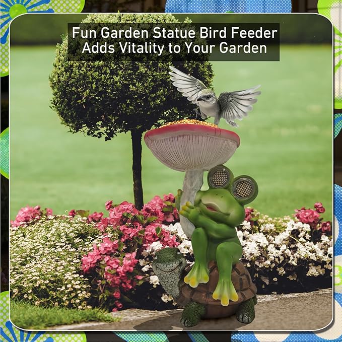 Funny Solar Garden Statues 10'' Frog Turtle with Mushroom Bird Feeder and Eyes LED Lights - Lawn Decor Outdoor Statues for Patio Balcony Yard Ornament - Unique Gardening Gifts for Women Grandma Mom.