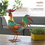 Alpine Corporation 16" Tall Outdoor Metal Standing Rooster Statue with Vibrant Design, Garden Decor, Metallic Red