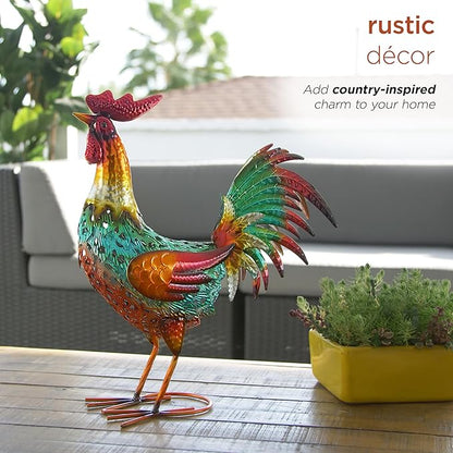 Alpine Corporation 16" Tall Outdoor Metal Standing Rooster Statue with Vibrant Design, Garden Decor, Metallic Red