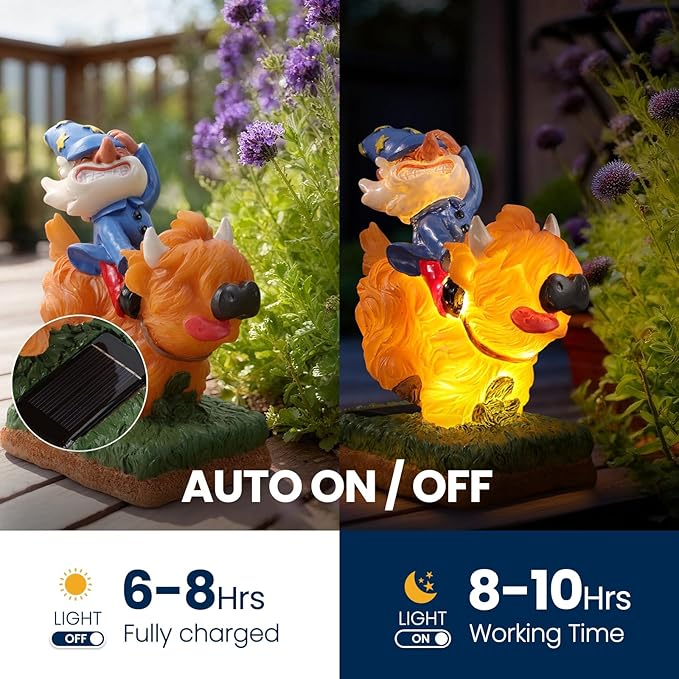 Garden Gnome Statue - Garden Gnome Riding Highland Cow - 6.7 Inch Tall Lawn Figurine - for Outdoor or House Decor - Funny Yard & Patio Decoration