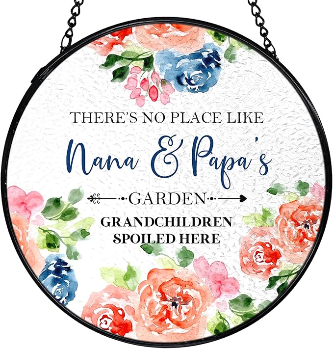 Patio Nana and Papa Gifts Suncatchers Stained Glass Window Hanging, Grandparents Gifts from Grandkids Sun Catchers Indoor Window, Grandma and Grandpa Gift, 7.9x7.9in