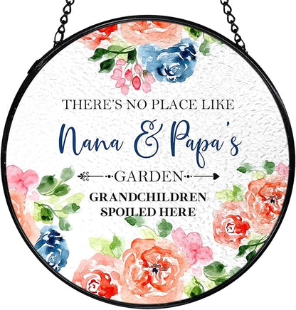 Patio Nana and Papa Gifts Suncatchers Stained Glass Window Hanging, Grandparents Gifts from Grandkids Sun Catchers Indoor Window, Grandma and Grandpa Gift, 7.9x7.9in