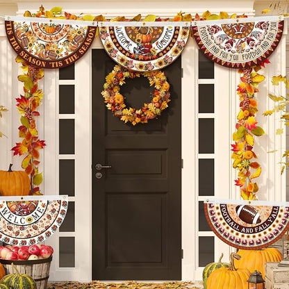 6 Pcs Fall Thanksgiving Decoration Autumn Football Garden Bunting 1.5 x 3 ft Maple Leaves Sunflower Outdoor Welcome Banner Pumpkin Fan Bunting for Thanksgiving Holiday Indoor Outdoor Yard Decor