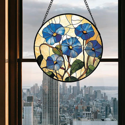 Stained Glass Window Hanging - Morning Glory Suncatcher for Door Garden Home Decor Birth Flower Sun Catcher Christmas Birthday for Lovers Friend Women Mom Nana 7.8 in
