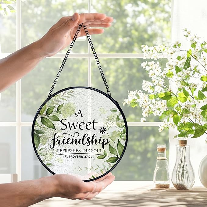 Friendship Gifts, Christian Suncatchers Stained Glass Window Hanging, Friendship Gifts for Women, a Sweet Friendship Refreshes Sun Catchers Indoor Window Glass Round Wall Decor, 7.9x7.9in
