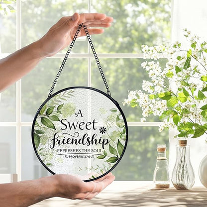 Friendship Gifts, Christian Suncatchers Stained Glass Window Hanging, Friendship Gifts for Women, a Sweet Friendship Refreshes Sun Catchers Indoor Window Glass Round Wall Decor, 7.9x7.9in
