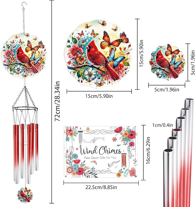 Wind Chimes with Cardinal Wind Spinner, Bird Decor Gift for Women Men, Hanging Metal Wind Catcher with 2" Center Pendant, 6" 3D Stainless Steel Kinetic Art for Garden Yard