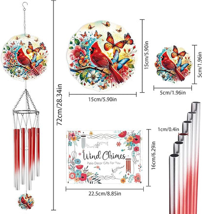 Wind Chimes with Cardinal Wind Spinner, Bird Decor Gift for Women Men, Hanging Metal Wind Catcher with 2" Center Pendant, 6" 3D Stainless Steel Kinetic Art for Garden Yard
