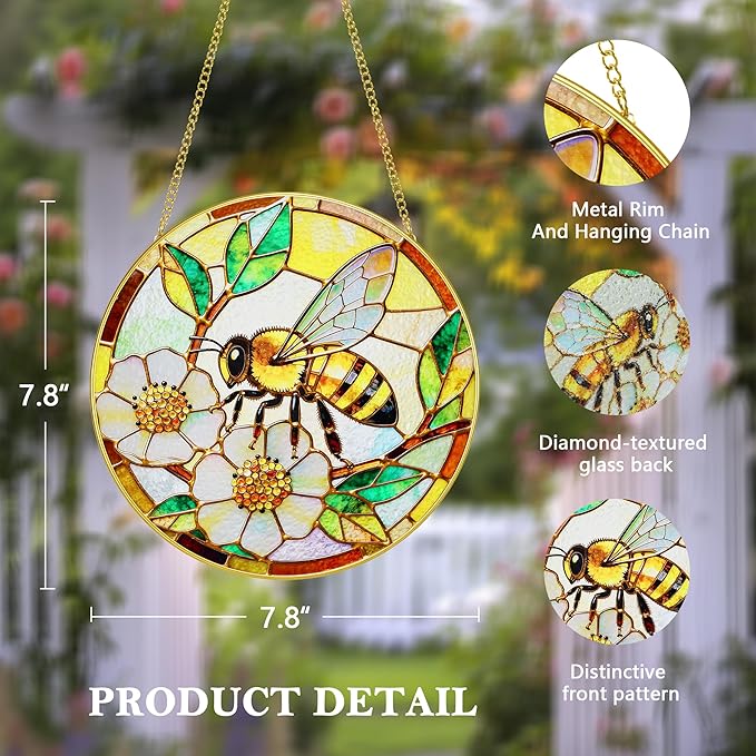 LITIVY Stained Glass Window Hanging, Spring Bees & White Dog Rose Suncatcher – Mother’s Day Memorial Gift, Handmade Glass Panel 8 Inch, Whimsical Garden Suncatchers & Rainbow Maker for Women
