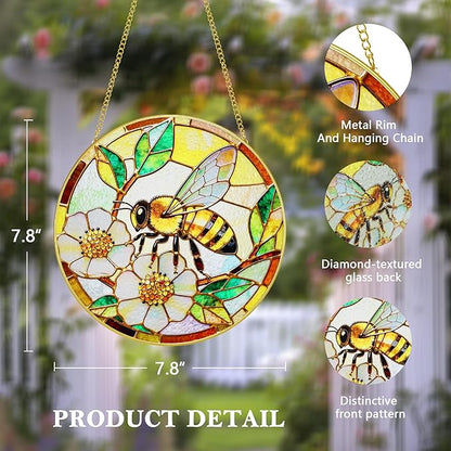 LITIVY Stained Glass Window Hanging, Spring Bees & White Dog Rose Suncatcher – Mother’s Day Memorial Gift, Handmade Glass Panel 8 Inch, Whimsical Garden Suncatchers & Rainbow Maker for Women