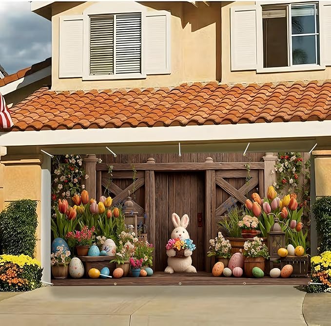 Easter Garage Door Banner Cover, Easter Bunny Flower Eggs Spring Party Backdrop Decor, Garage Door Cover For Outdoor Yard Holiday Decoration