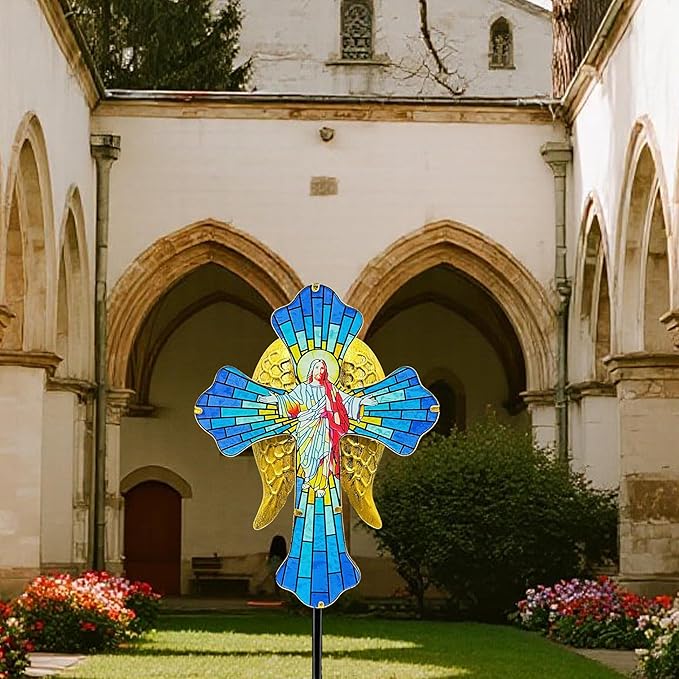 WAIU Solar Cross Garden Stake Lights, Metal Angel Wing & Acrylic Jesus Cross, Waterproof Outdoor Memorial Decor for Remembrance Gifts & Sympathy Gifts.