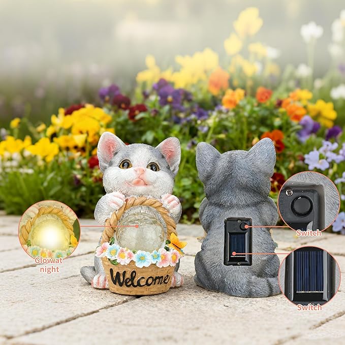 Solar Garden Welcome Statue with LED Light, Outdoor Decorative Animal Figurines, 8-10 Hour Working Time, Floral Basket Design, Lawn Yard Decor (Rabbit)