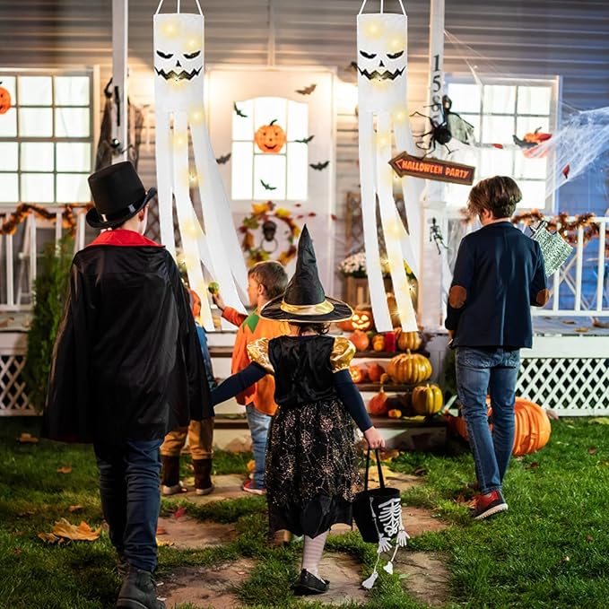 JXTON 2pcs 70inch Halloween Ghost Windsocks Flag with Lights Halloween Outdoor Hanging Decor for Yard Patio Garden Pathway Party Decoration