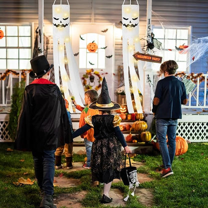 JXTON 2pcs 70inch Halloween Ghost Windsocks Flag with Lights Halloween Outdoor Hanging Decor for Yard Patio Garden Pathway Party Decoration