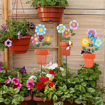 3 Pcs Metal Flower Garden Stakes, 24" H Flower Pot Shape Decorative Garden Stakes, Metal Yard Art for Outdoor Spring Lawn Patio Pathway Decor