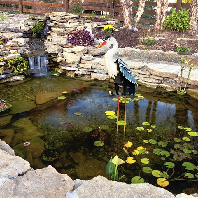 Crane Garden Metal Decor Statue - Large Standing Crane Statue, Metal Birds Yard Art Outdoor Sculpture, Heron Decoration Bird, Outdoor Backyard Decor, Patio, Porch, Lawn Ornament, Yard Decoration