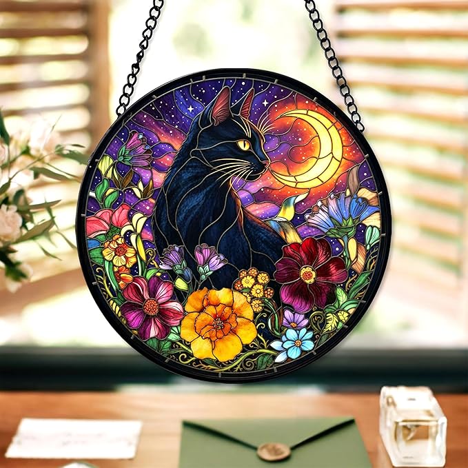 7.8" Black Cat Suncatcher Stained Glass Hanging Window Halloween Sun Catcher Gothic Ornaments Wall Art Home Room Kitchen Garden Decor Birthday for Women Men Cats Lovers