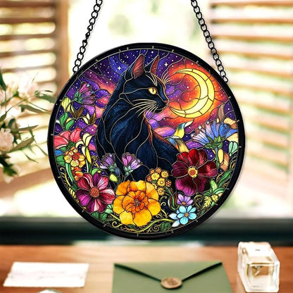 7.8" Black Cat Suncatcher Stained Glass Hanging Window Halloween Sun Catcher Gothic Ornaments Wall Art Home Room Kitchen Garden Decor Birthday for Women Men Cats Lovers