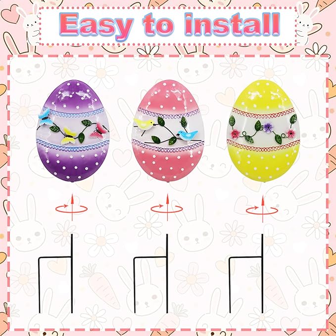3 Pcs Easter Decorations Outdoor Metal Easter Eggs Yard Signs Decorative Garden Stakes Eggs Lawn Decorations Yard Decor for Spring Ornament Lawn Pathway Garde