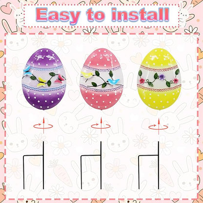 3 Pcs Easter Decorations Outdoor Metal Easter Eggs Yard Signs Decorative Garden Stakes Eggs Lawn Decorations Yard Decor for Spring Ornament Lawn Pathway Garde