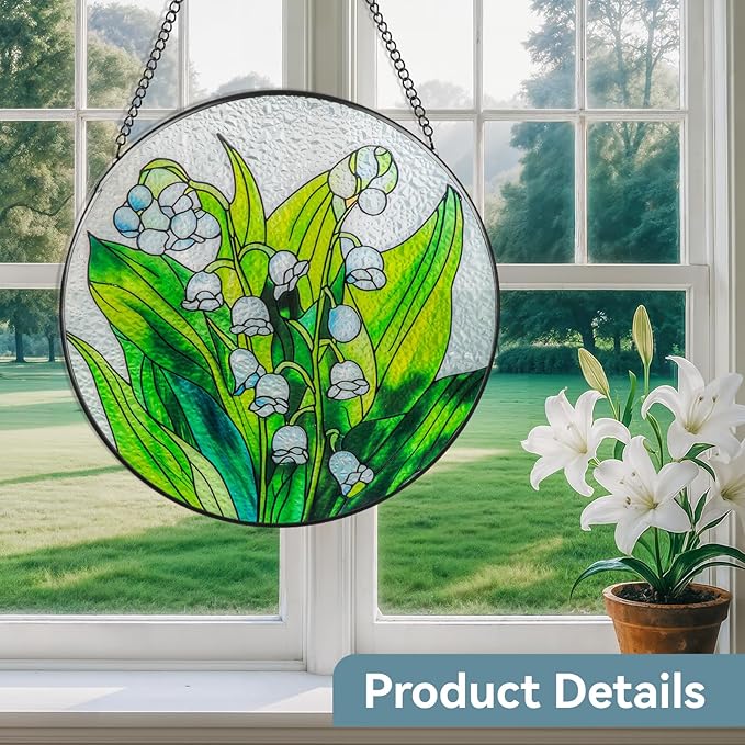 Suncatcher Stained Glass Window Hanging - Flowers Glass Panel with Metal Chain and Hooks Handmade Sun Catcher Decoration for Window Garden Home Christmas & Birthday Gifts (7.8 Inch)