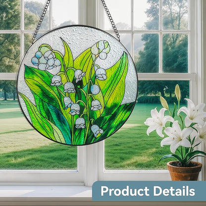 Suncatcher Stained Glass Window Hanging - Flowers Glass Panel with Metal Chain and Hooks Handmade Sun Catcher Decoration for Window Garden Home Christmas & Birthday Gifts (7.8 Inch)