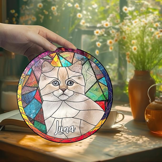 NAZENTI Personalized Cat Stained Glass Suncatcher, Memorial Keepsake Remembrance Gift for Fur Lovers, Custom Name Pet Photo Ornament Window Hanging, Home Decor, Sympathy Gift for Loss of Cat