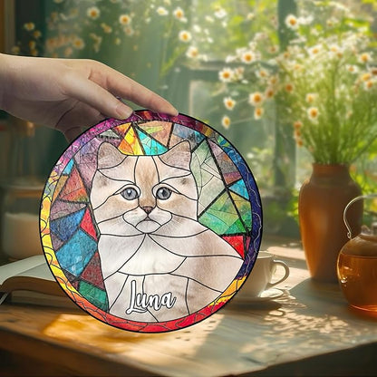 NAZENTI Personalized Cat Stained Glass Suncatcher, Memorial Keepsake Remembrance Gift for Fur Lovers, Custom Name Pet Photo Ornament Window Hanging, Home Decor, Sympathy Gift for Loss of Cat