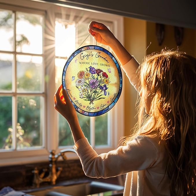 NAZENTI Custom Family Birth Flowers Glass Suncatcher, Personalized Stained Glass Window Hanging Suncatcher with Kids Name, Gifts for Mother's Day, Personalized Gigi Flower Garden
