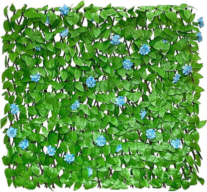 GLANT Expandable Fence Privacy Screen for Balcony Patio Outdoor,Decorative Faux Ivy Fencing Panel,Artificial Hedges (Single Sided Leaves) (1, Blue Flowers)