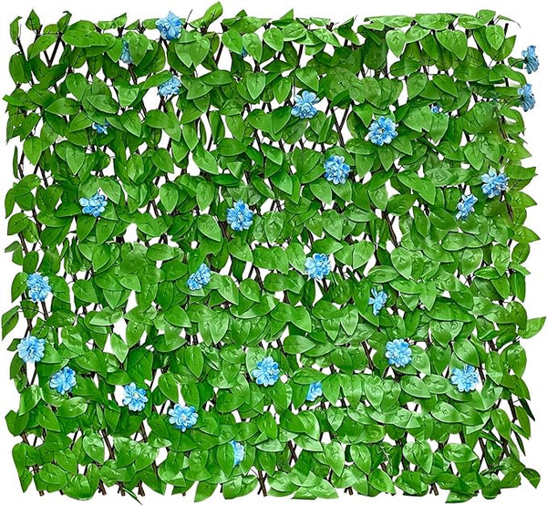 GLANT Expandable Fence Privacy Screen for Balcony Patio Outdoor,Decorative Faux Ivy Fencing Panel,Artificial Hedges (Single Sided Leaves) (1, Blue Flowers)