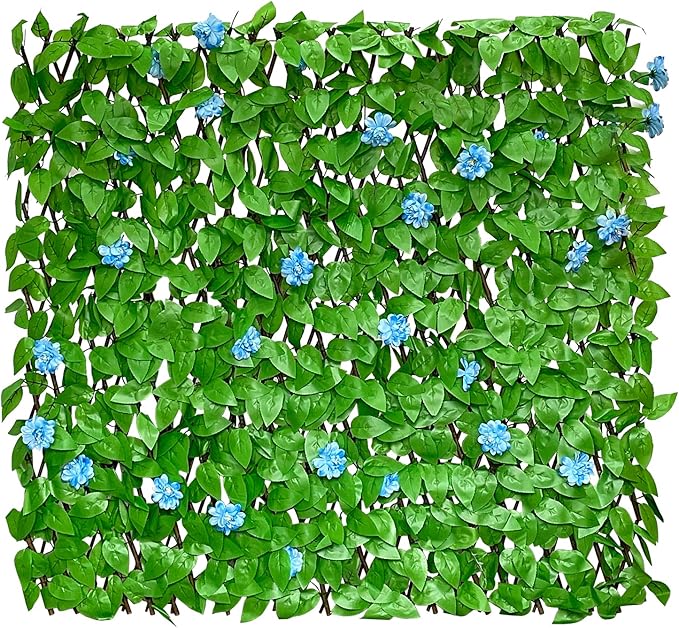 GLANT Expandable Fence Privacy Screen for Balcony Patio Outdoor,Decorative Faux Ivy Fencing Panel,Artificial Hedges (Single Sided Leaves) (4, Blue Flowers)
