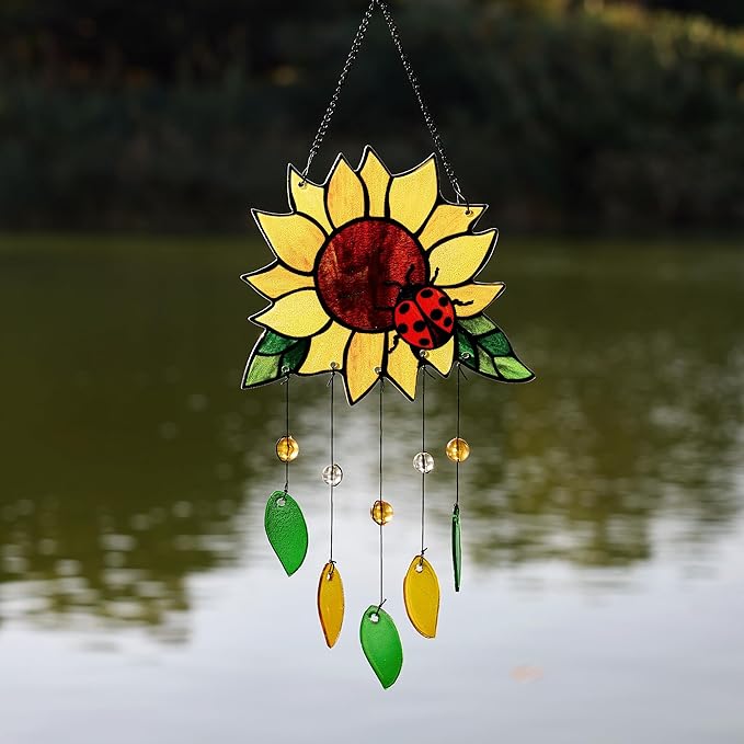 Stained Glass Suncatcher, Sunflower and Ladybug Window Hanging, 20 x 8 inches, Hand-Painted (Style 1)