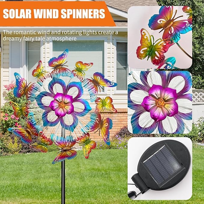 Solar 45" Butterfly Garden Wind Spinner, Metal Clearance Windmill Kinetic Spinner Outdoor Decor, Wind Sculpture Yard Art Decorations for Patio, Lawn & Garden