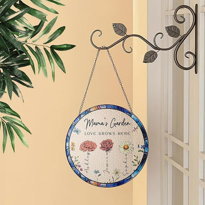 NAZENTI Custom Family Birth Flowers Glass Suncatcher, Personalized Stained Glass Window Hanging Suncatcher with Kids Name, Gifts for Mother's Day, Personalized Mom Flower Garden