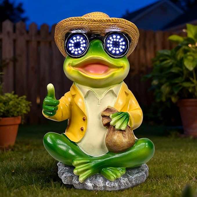 Solar Frog Garden Statue Decor - Waterproof Frog Figurine with Solar LED Blink Eyes,Funny Outdoor Garden Statues for Yard Patio Lawn Ornament,Unique Housewarming, Birthday, Thanksgiving, Mom Gifts