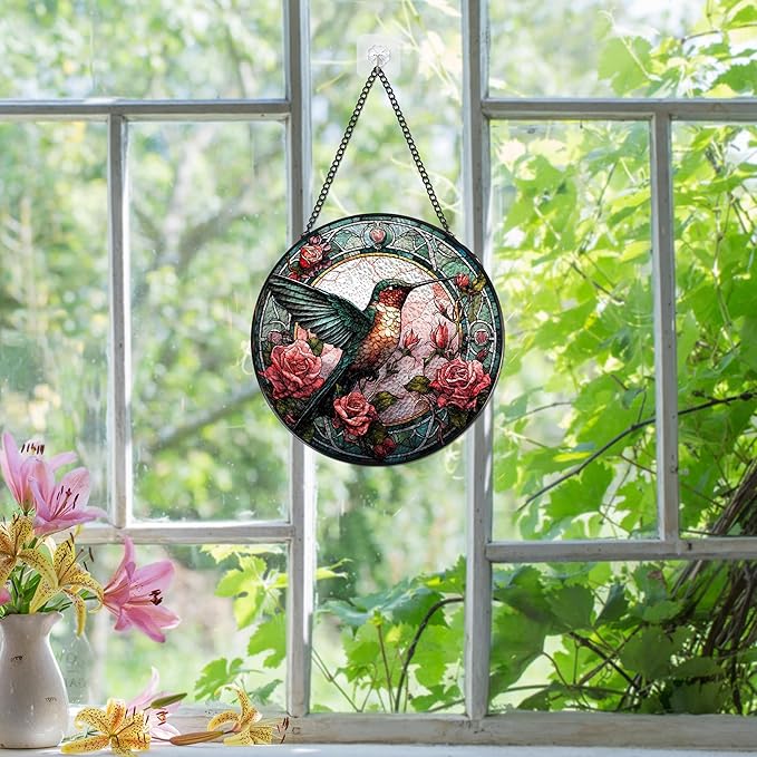 Stained Glass Window Hanging - Hummingbird Sun Catcher Indoor Decor Home Doors Wall Art Ornament Outdoor Garden Decoration Gifts for Women Birthday Party Thanksgiving Christmas Housewarming