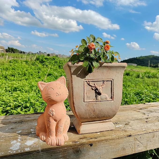 Handmade Terracotta Cat Garden Statue, Rustic Clay Cat Figurine for Outdoor Patio Balcony Yard Decor, Small Cat Sculpture Lawn Ornament Natural Garden Accent 8.3"×4.3"×3.3"