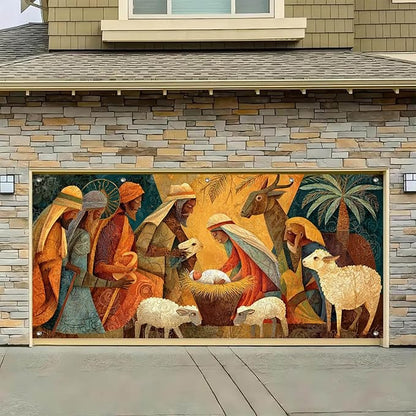 HOMETITUTE 13x6ft Nativity Scene Merry Christmas Garage Door Banner Polyester Large Outdoor Xmas Decoration with Baby Jesus Mary Shepherd Animals for Holiday Party Winter Yard Home Church Display