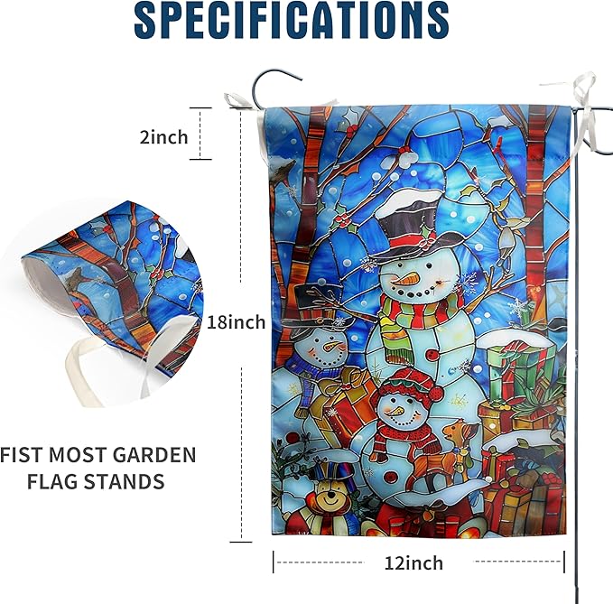 Stained Glass Snowman Garden Flag Merry Christmas Flag Hello Winter Yard Flag Happy Holidays Flag for Outside Welcome New Year Outdoor Flag 12x18 Double Sided, wintersnowman