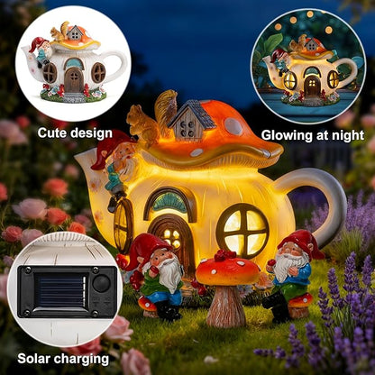 twinbling Solar Fairy Garden House Lights - Mushroom Teapot Gnome House Statue Set with 2 Mini Gnomes and 1 Mushroom Figurines, Outdoor Garden Decor, Gift for Gardeners and Moms (Set)