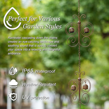 Glitzhome 8.5 FT Rain Chains for Gutters, Butterfly Bells Faux Copper Finish Rain Chains for Outside, Adjustable Rain Catcher Chain with V-Shaped Gutter