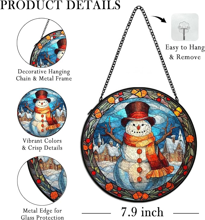 Christmas Snowman Suncatcher Stained Glass Window Hanging Decor, Winter Snowman Stained Glass Wall Decor, Christmas Garden Sun Catchers Indoor Window Hanging Wall Art, 7.9x7.9In
