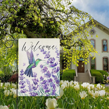 Dyrenson Welcome Spring Summer Hummingbird Lavender Decorative Garden Flag, Purple Flower Floral Yard Outside Home Decorations, Seasonal Burlap Outdoor Small Decor Double Sided 12 x 18