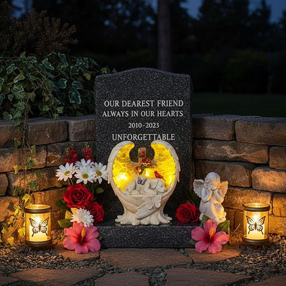Solar Dog Memorial Stone with Angel Wings Cross Cardinal Passing Away Gifts, Sleeping Pet Grave Markers Dog Loss Sympathy Gift Resin Statue with Solar Lights for Garden Decor