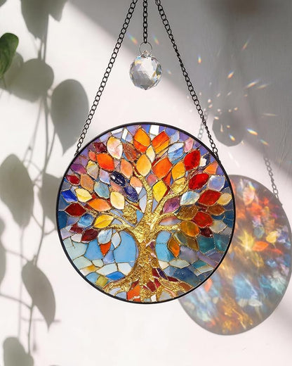 Stained Glass Window Hanging Tree of Life Sun Catcher, 7.8 Inch Suncatchers for Windows Hanging, Tree of Life Window Art Home Decor Gift for Women