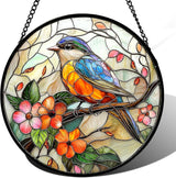 DASTOLL Stained Glass Window Hanging, Blue Bird Pink Flower Suncatcher Diamond Glass Panel Bird Sun Catchers Decor for Birthday for Women, Men, Wife, Aunt, and Mom 14.9x14.9 in
