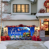 IVN Christmas Garage Door Cover Decoration 13x6ft Night Sky Train Sleigh and Stars Merry Christmas Garage Door Banner Home Door Front Yard Decor for Xmas Eve Holiday Outdoor